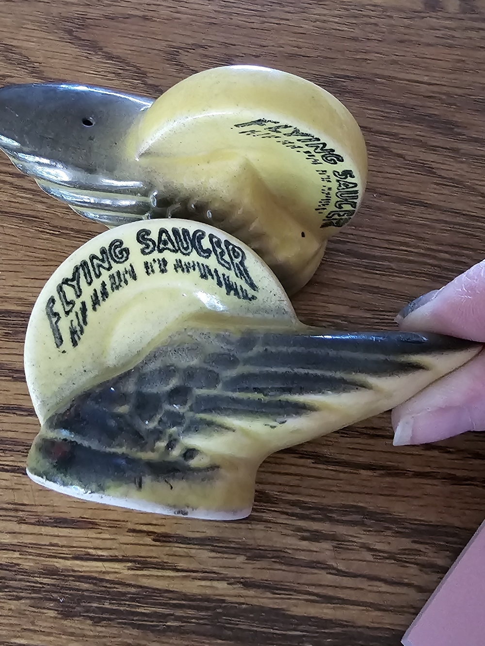 Vintage Unbranded Yellow Flying Saucer Ceramic Salt And Pepper Shakers.